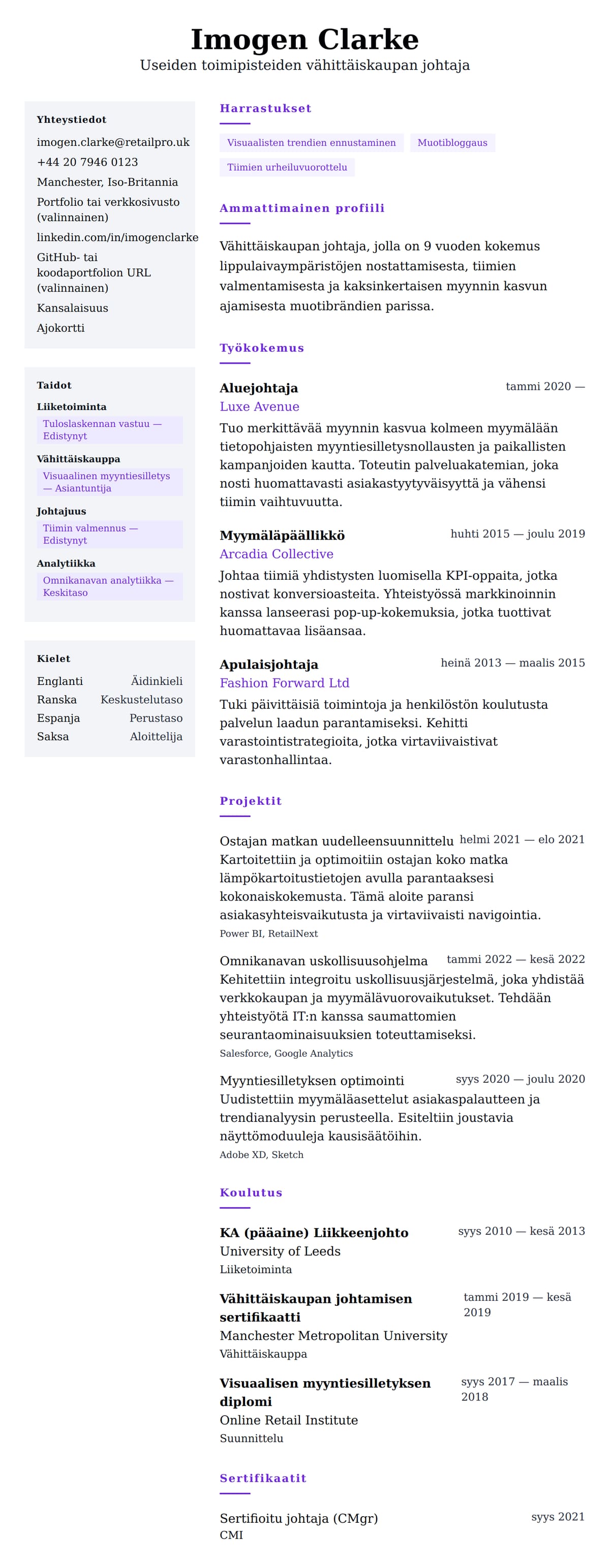 Ansioluetteloesikatselu kohteelle Vähittäiskaupan johtajan ansioluetteloesimerkki