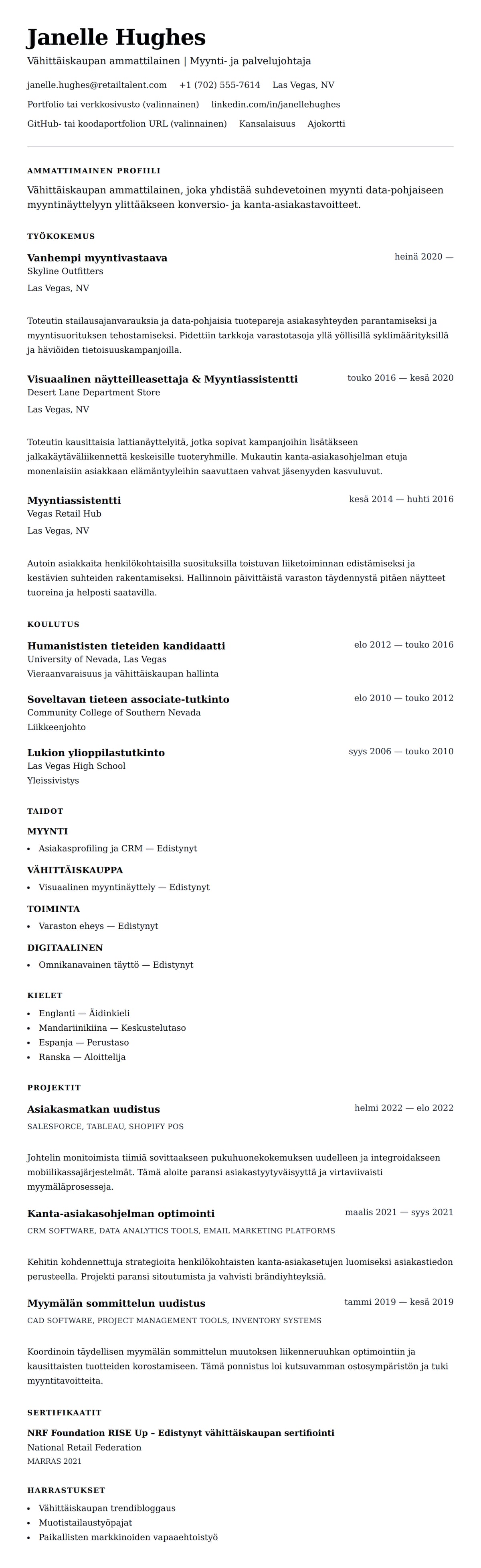 Ansioluetteloesikatselu kohteelle Vähittäiskaupan ammattilaisen ansioluetteloesimerkki