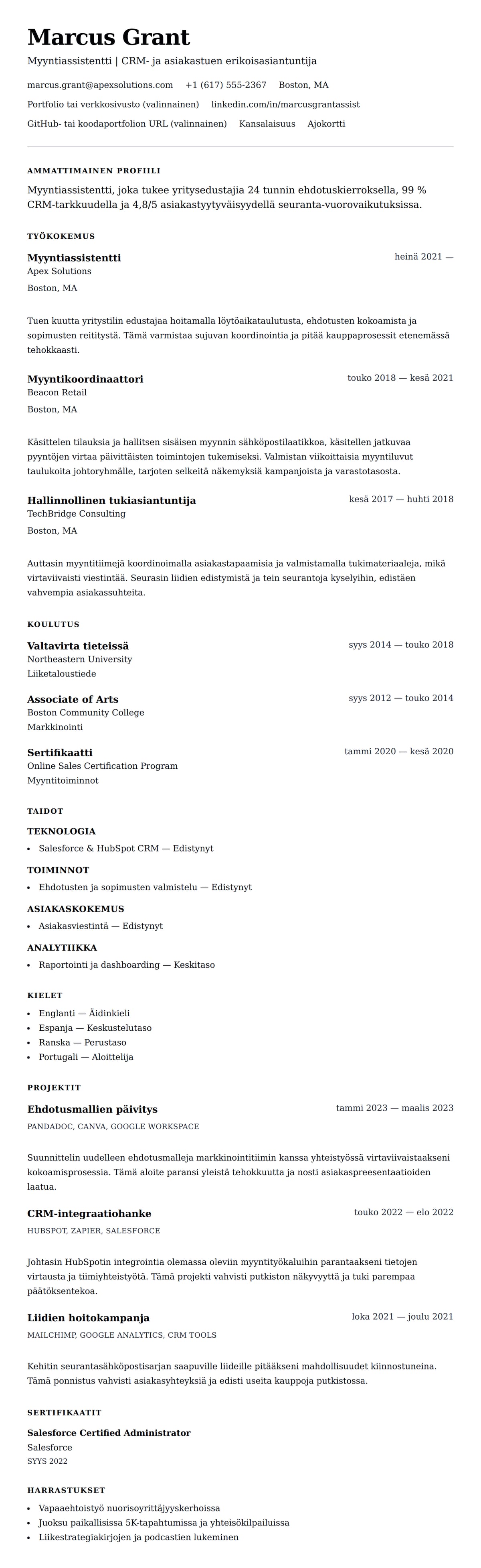 Ansioluetteloesikatselu kohteelle Myyntiassistentin ansioluetteloesimerkki