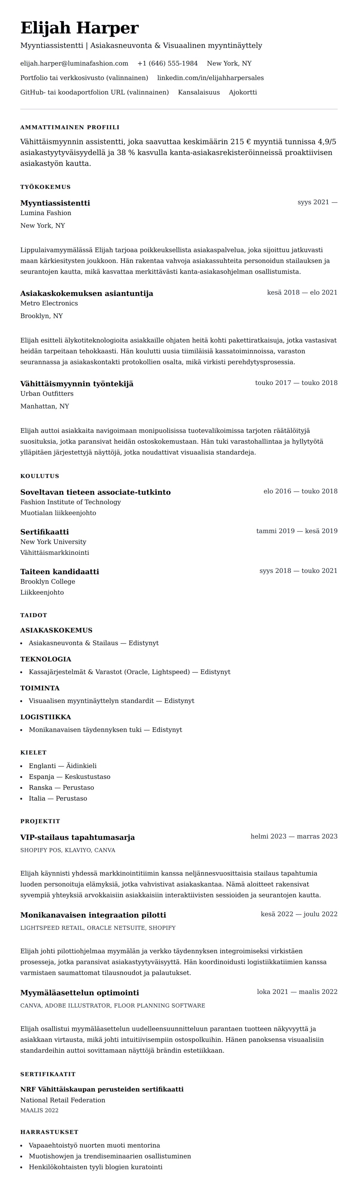 Ansioluetteloesikatselu kohteelle Myyntiassistentin CV-esimerkki