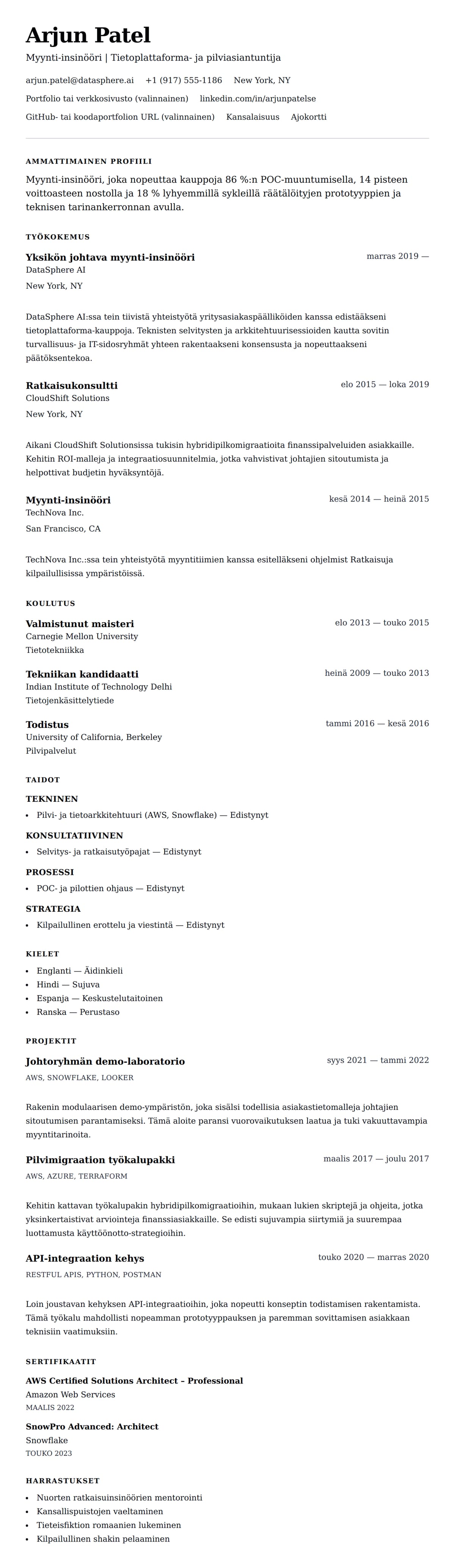 Ansioluetteloesikatselu kohteelle Myynti-insinöörin ansioluetteloesimerkki