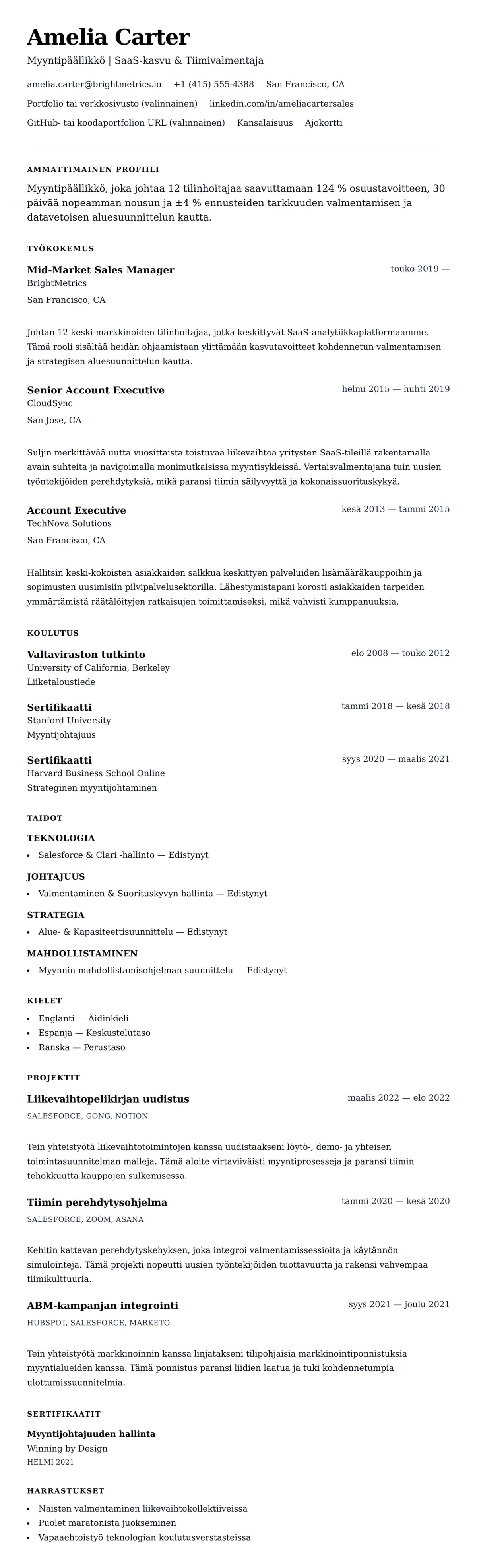 Ansioluetteloesikatselu kohteelle Myyntipäällikön ansioluettelon esimerkki