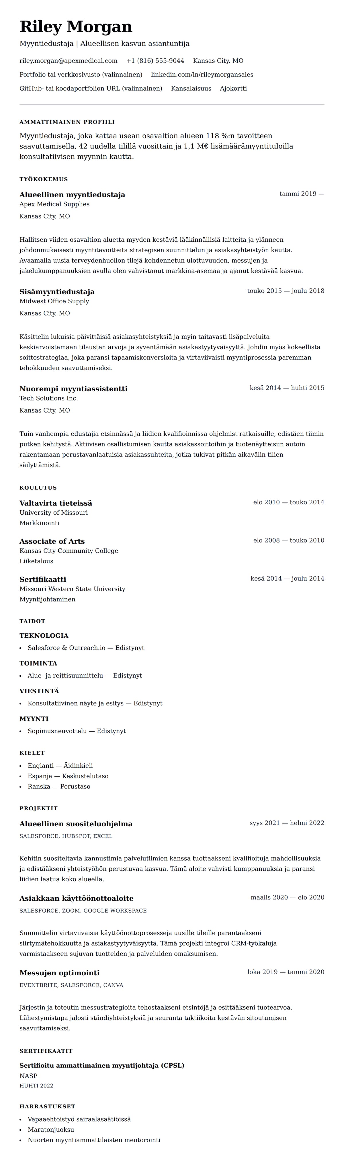 Ansioluetteloesikatselu kohteelle Myyntiedustajan ansioluetteloesimerkki