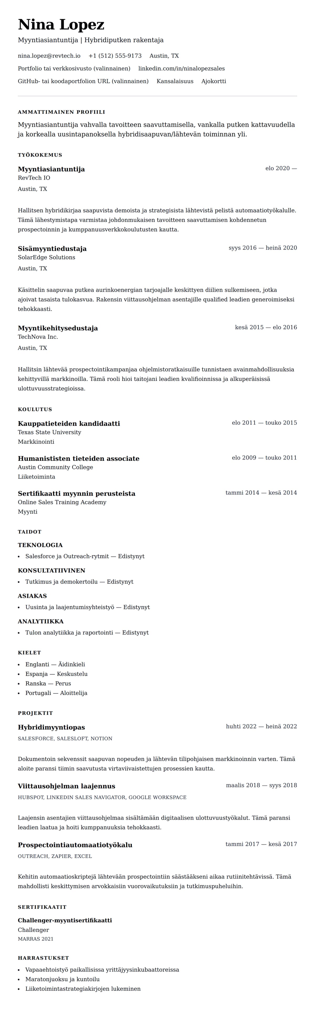 Ansioluetteloesikatselu kohteelle Myyntiasiantuntijan ansioluetteloesimerkki