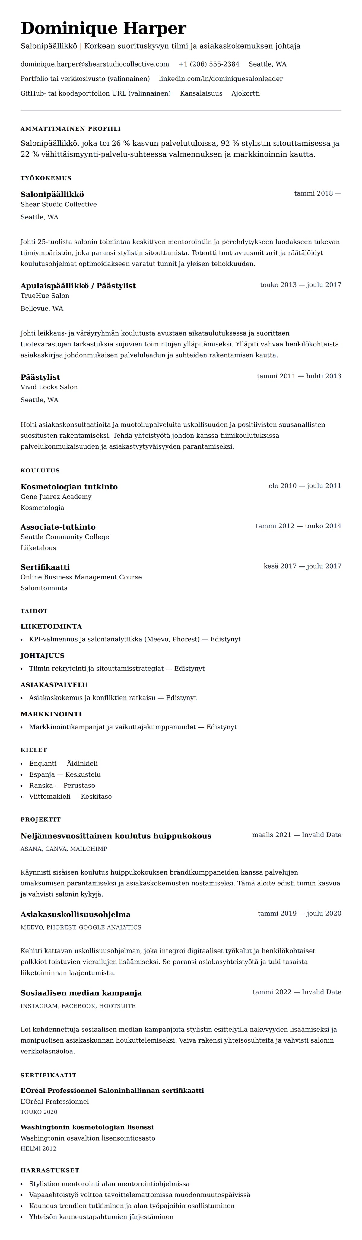 Ansioluetteloesikatselu kohteelle Salonipäällikön CV-esimerkki