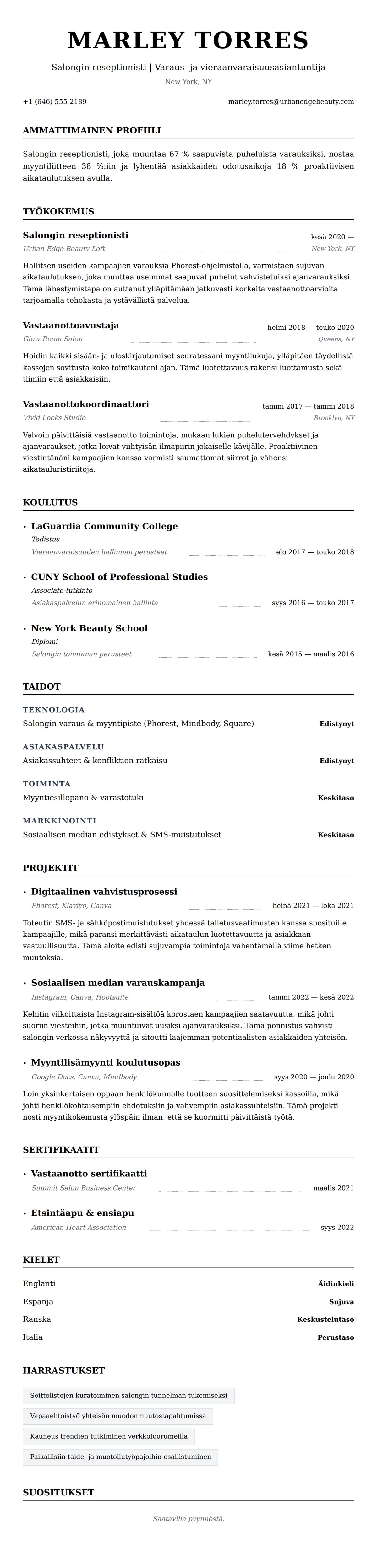 Ansioluetteloesikatselu kohteelle Salongin reseptionistin ansioluetteloesimerkki