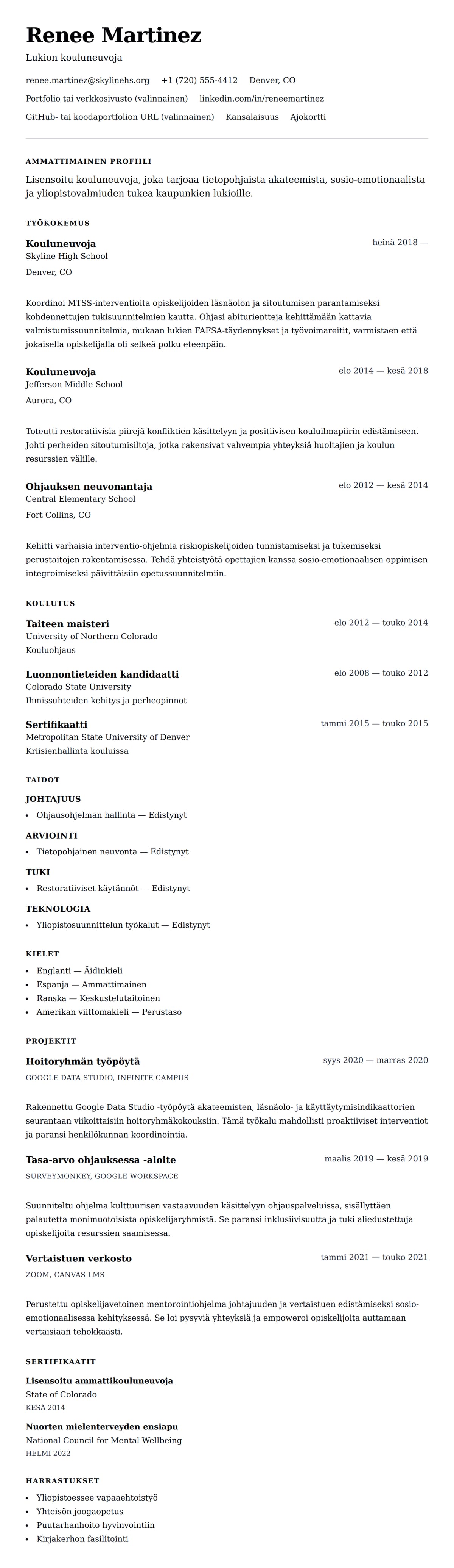 Ansioluetteloesikatselu kohteelle Kouluneuvojan ansioluetteloesimerkki