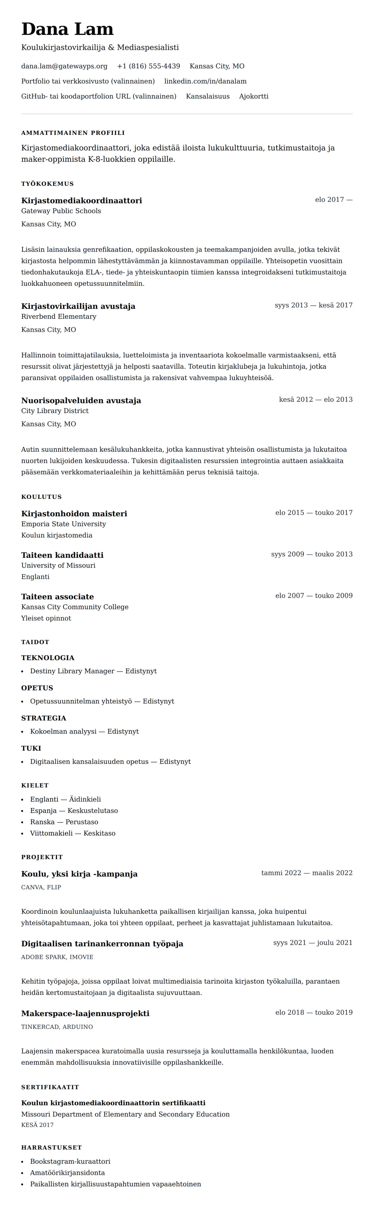 Ansioluetteloesikatselu kohteelle Koulukirjastovirkailijan CV-esimerkki