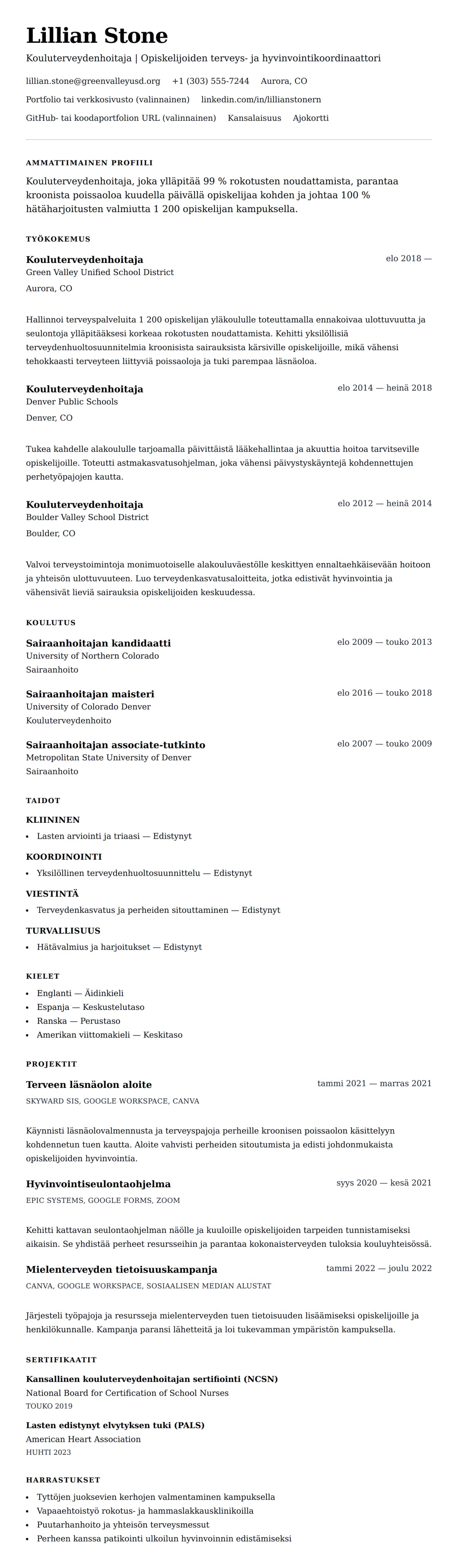 Ansioluetteloesikatselu kohteelle Kouluterveydenhoitajan CV-esimerkki