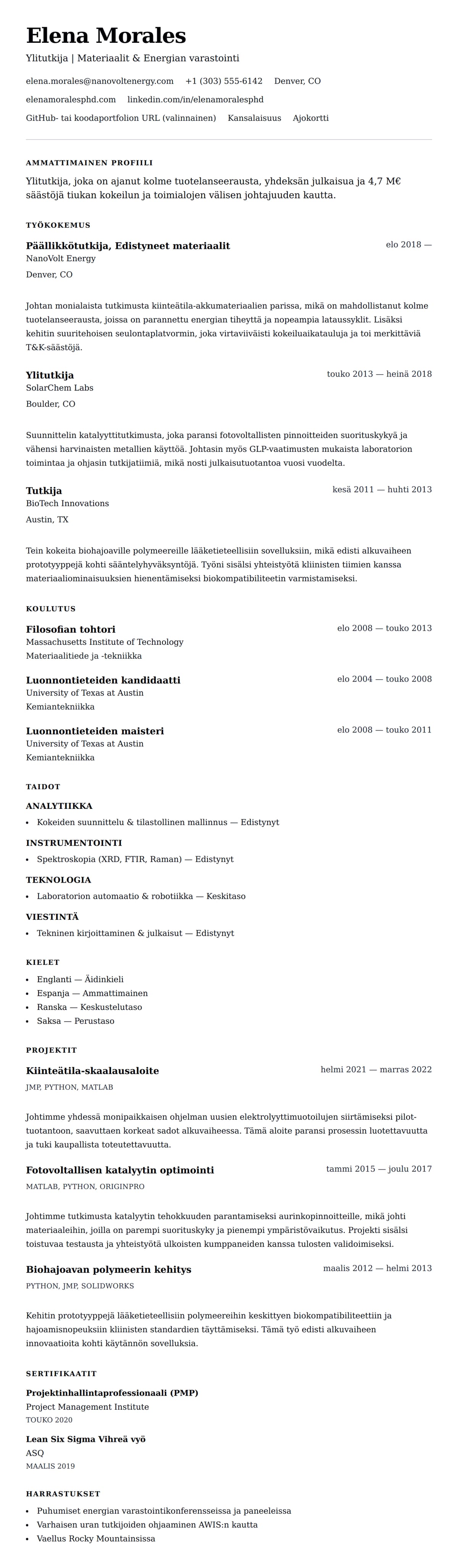 Ansioluetteloesikatselu kohteelle Tutkijan ansioluetteloesimerkki