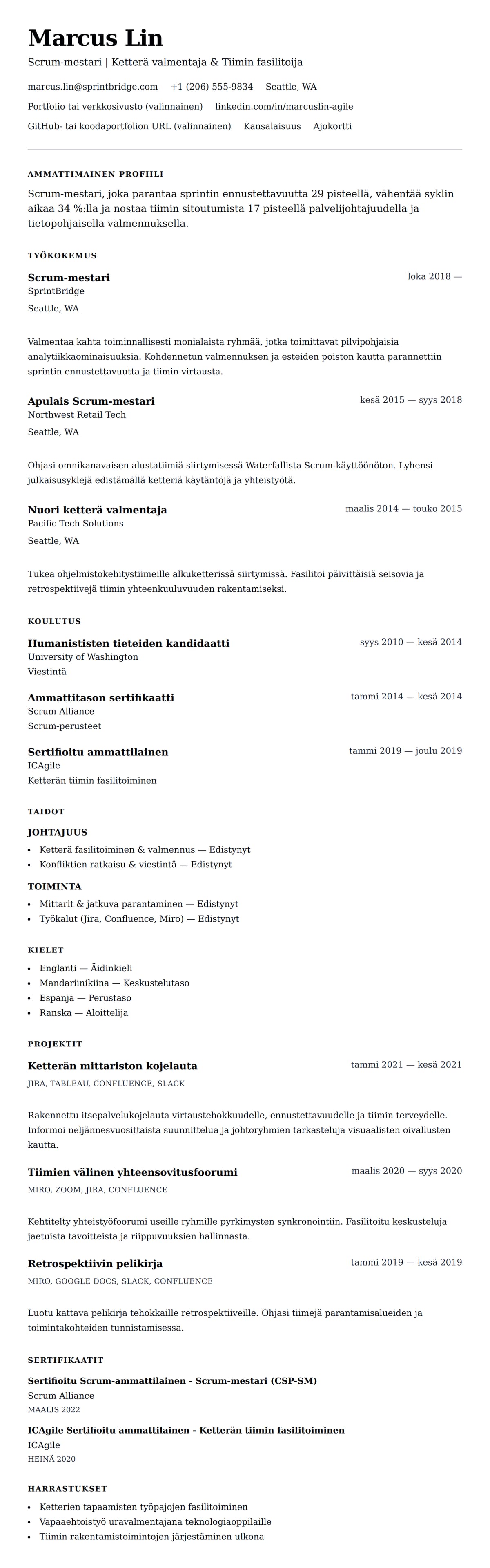 Ansioluetteloesikatselu kohteelle Scrum-mestarin ansioluettelon esimerkki