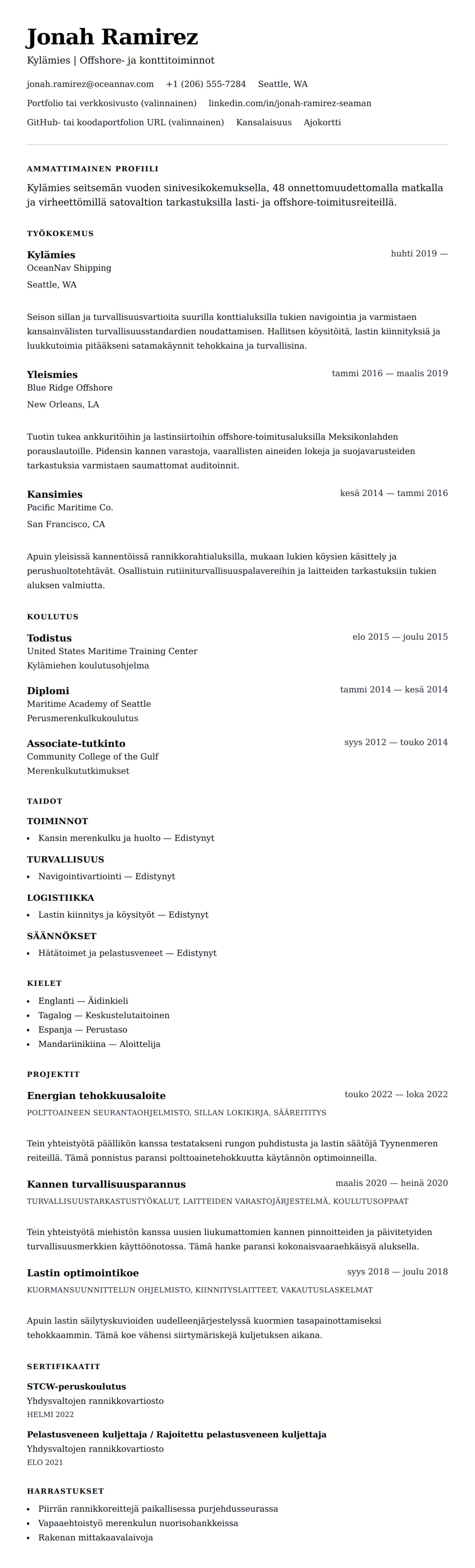 Ansioluetteloesikatselu kohteelle Merimiehen ansioluetteloesimerkki