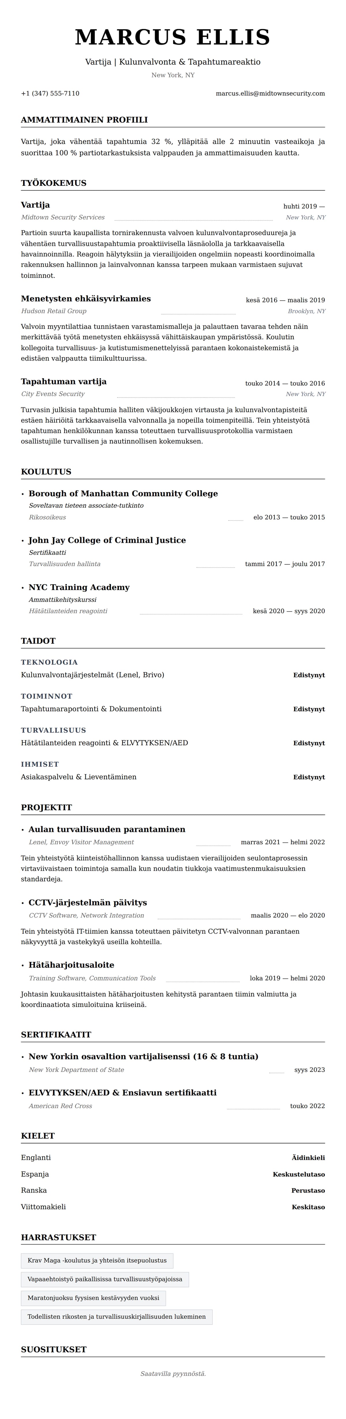 Ansioluetteloesikatselu kohteelle Vartijan ansioluetteloesimerkki