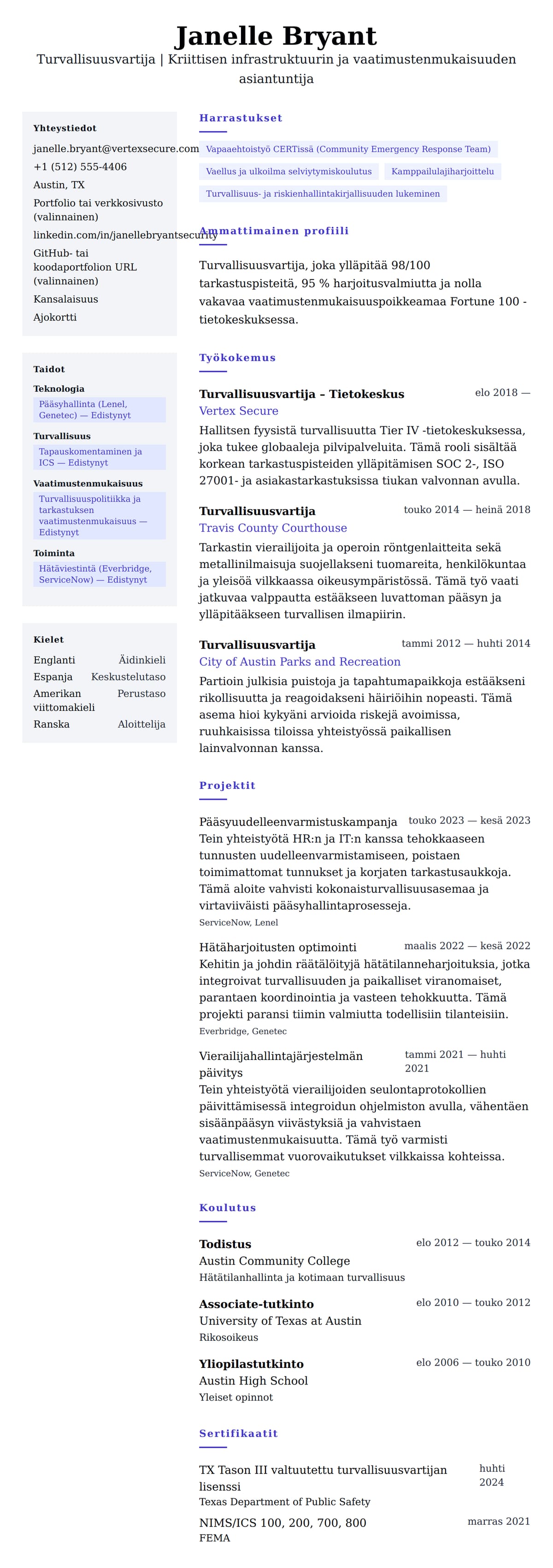 Ansioluetteloesikatselu kohteelle Turvallisuusvartijan CV-esimerkki