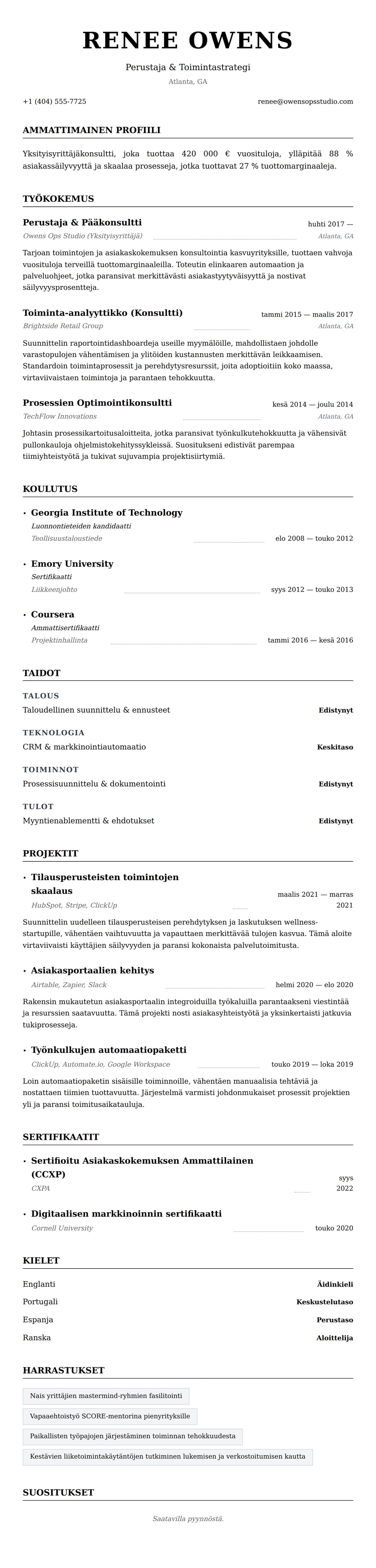 Ansioluetteloesikatselu kohteelle Yksityisyrittäjän CV-esimerkki
