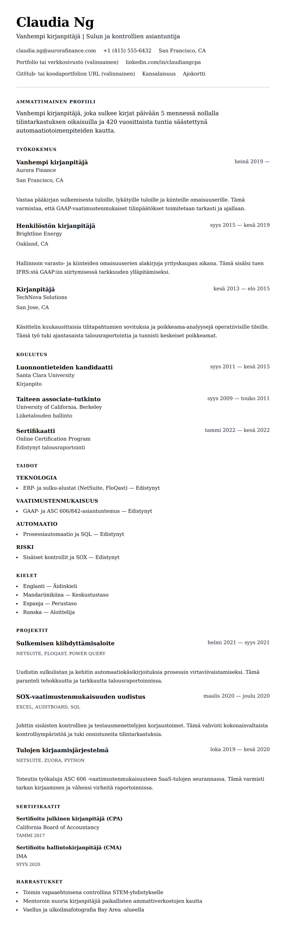 Ansioluetteloesikatselu kohteelle Vanhempi kirjanpitäjä CV-esimerkki