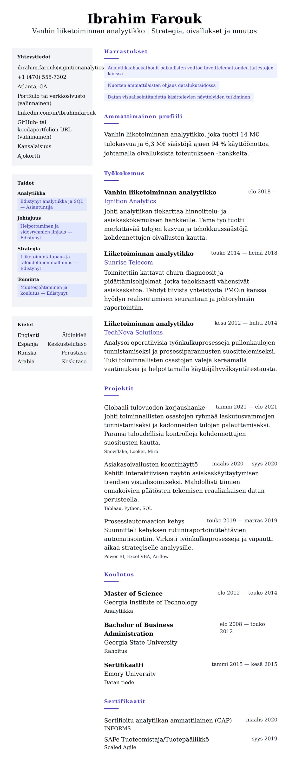 Ansioluetteloesikatselu kohteelle Vanhin liiketoiminnan analyytikon CV-esimerkki