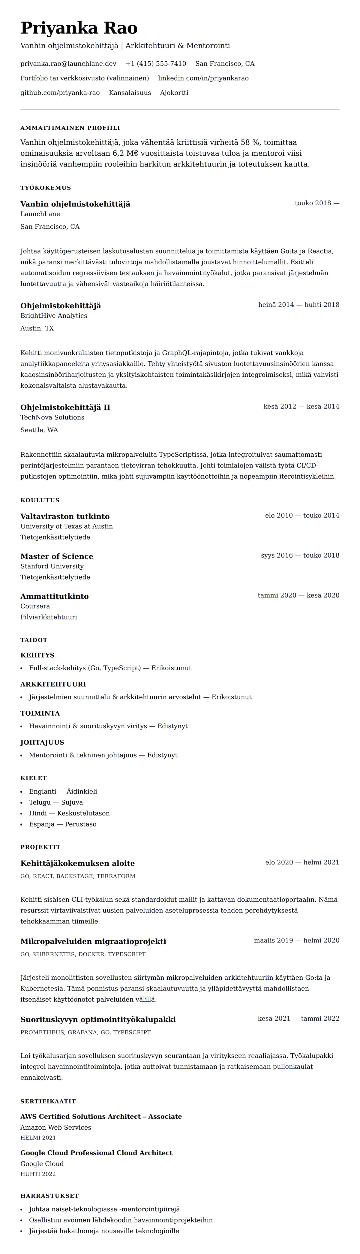 Ansioluetteloesikatselu kohteelle Vanhin ohjelmistokehittäjä CV-esimerkki