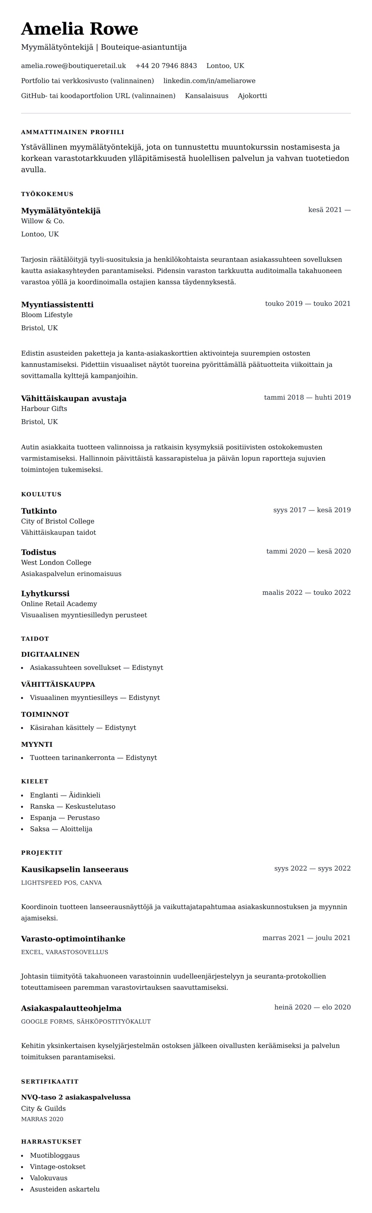 Ansioluetteloesikatselu kohteelle Myymälätyöntekijän ansioluettelon esimerkki