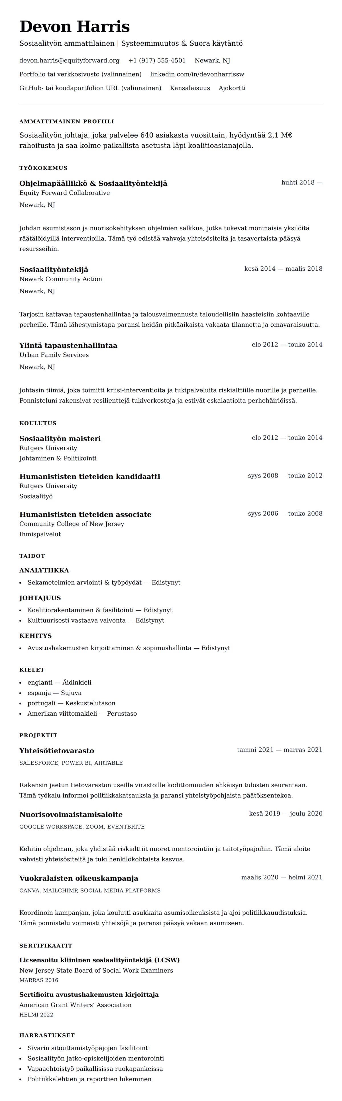 Ansioluetteloesikatselu kohteelle Sosiaalityön ammattilaisen ansioluettelo-esimerkki
