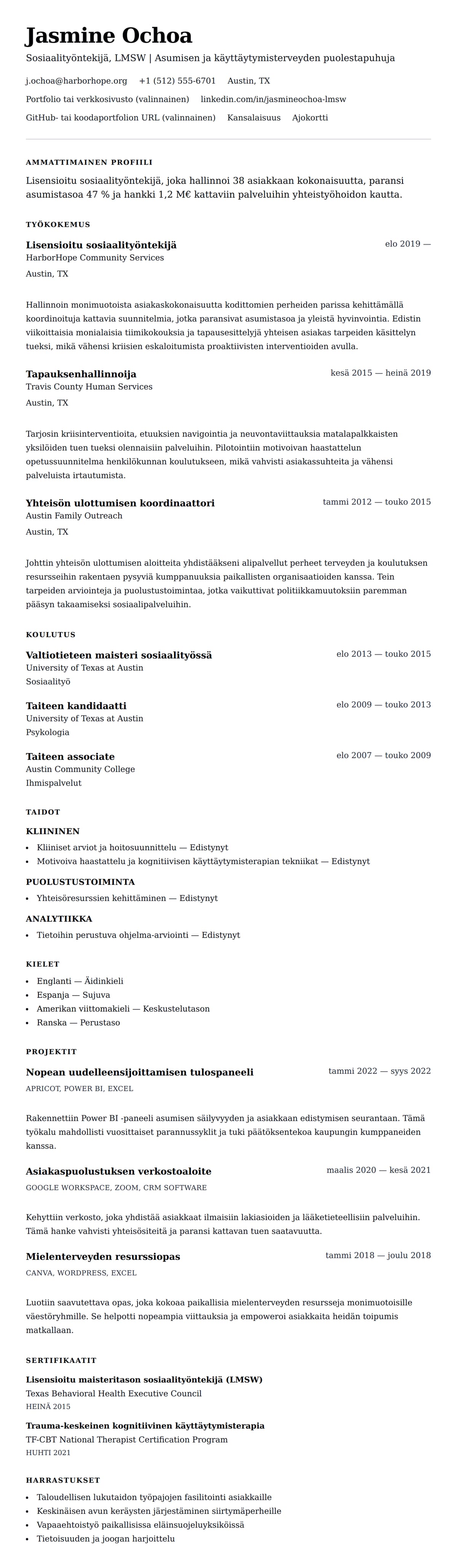 Ansioluetteloesikatselu kohteelle Sosiaalityöntekijän ansioluettelon esimerkki