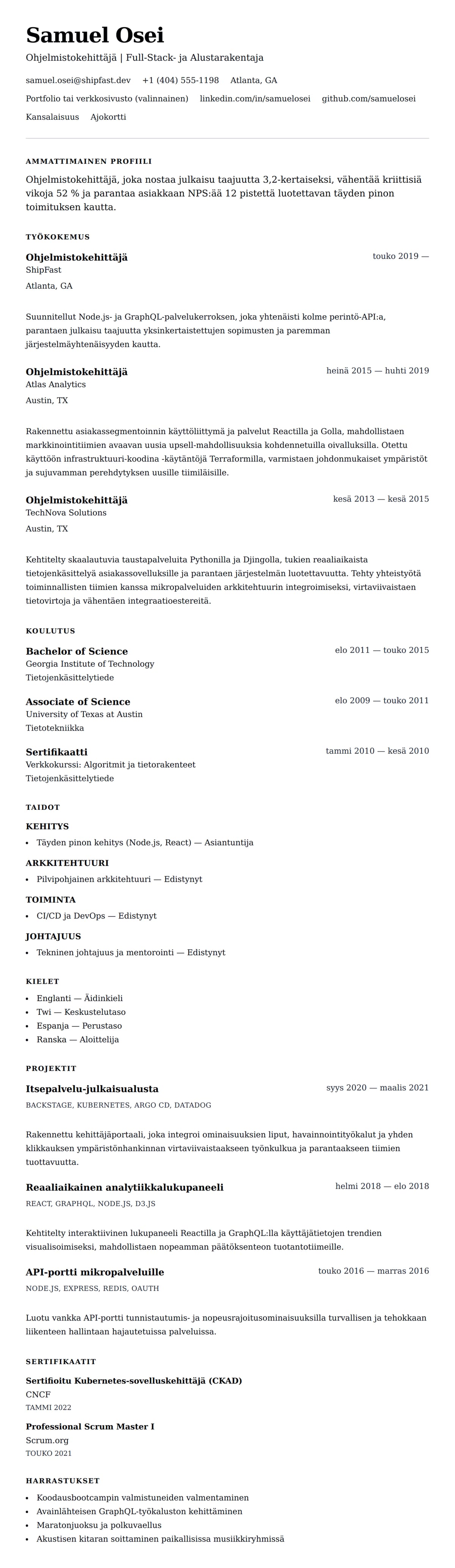 Ansioluetteloesikatselu kohteelle Ohjelmistokehittäjän CV-esimerkki