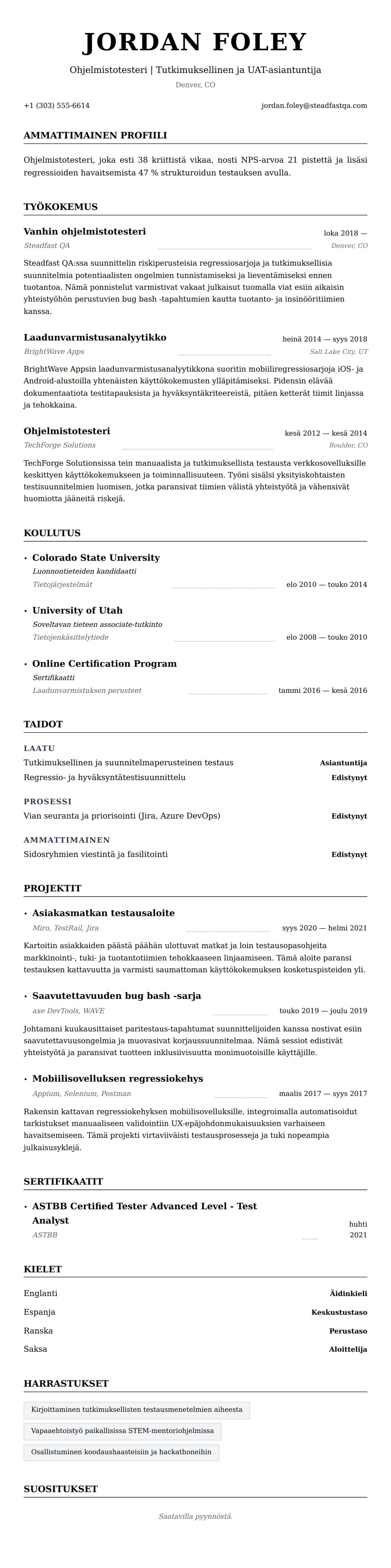 Ansioluetteloesikatselu kohteelle Ohjelmistotesterin ansioluettelo-esimerkki