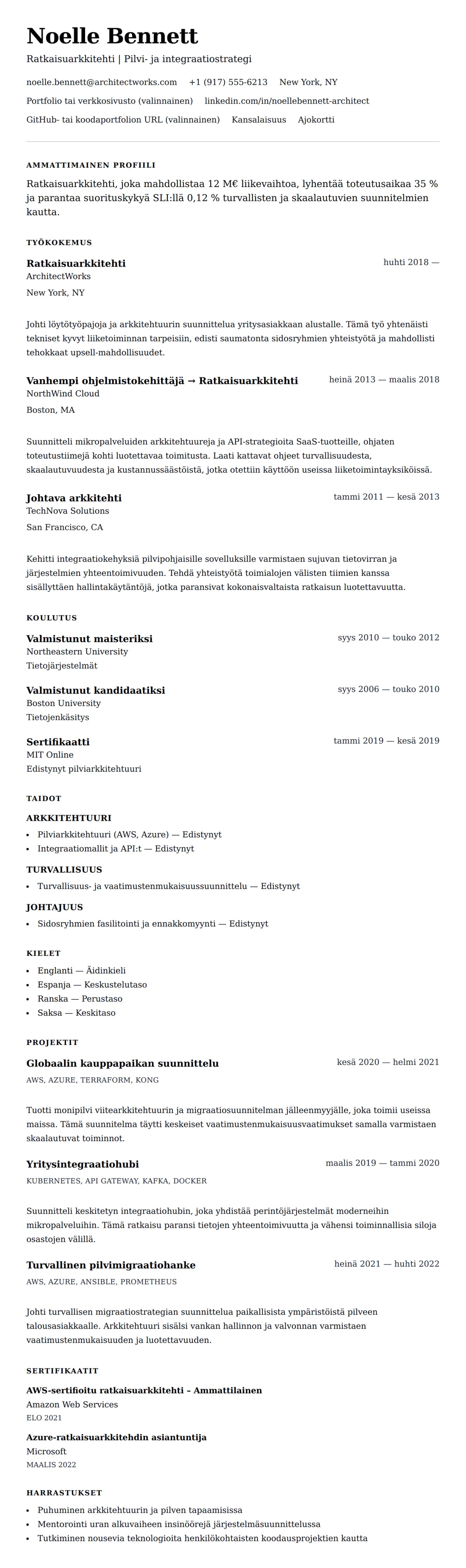 Ansioluetteloesikatselu kohteelle Ratkaisuarkkitehdin ansioluettelo-esimerkki