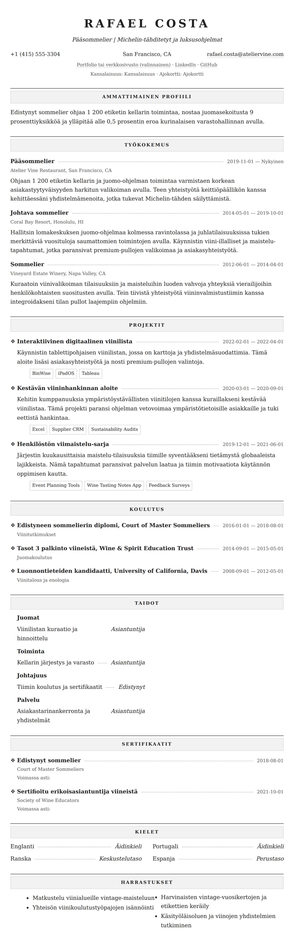 Ansioluetteloesikatselu kohteelle Sommelier ansioluetteloesimerkki
