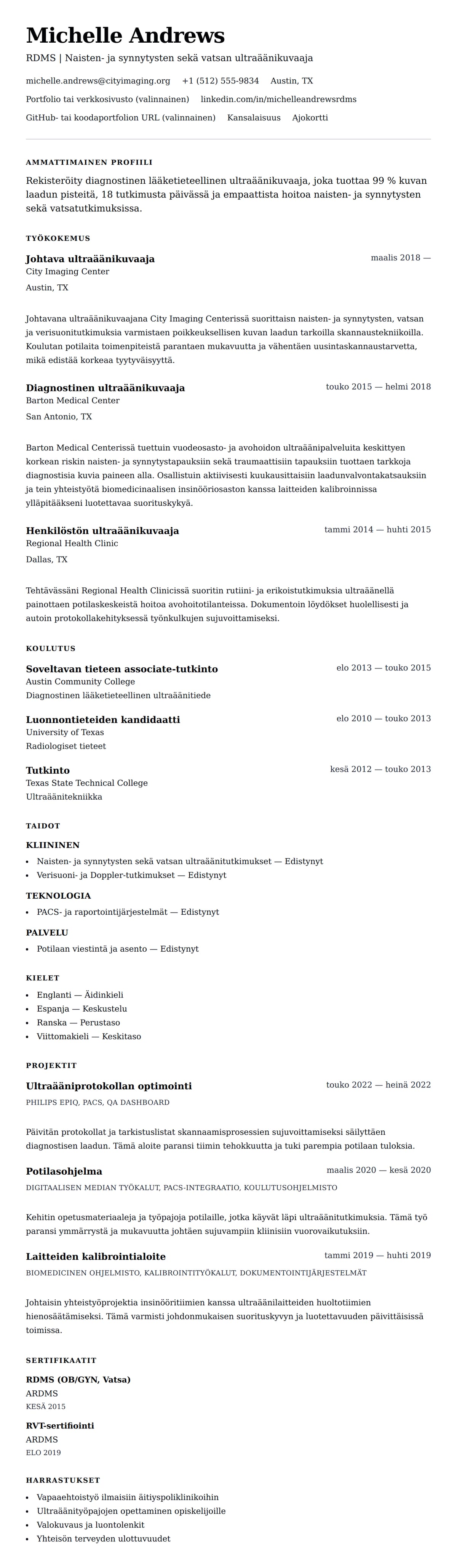 Ansioluetteloesikatselu kohteelle Ultraäänikuvaajan ansioluetteloesimerkki