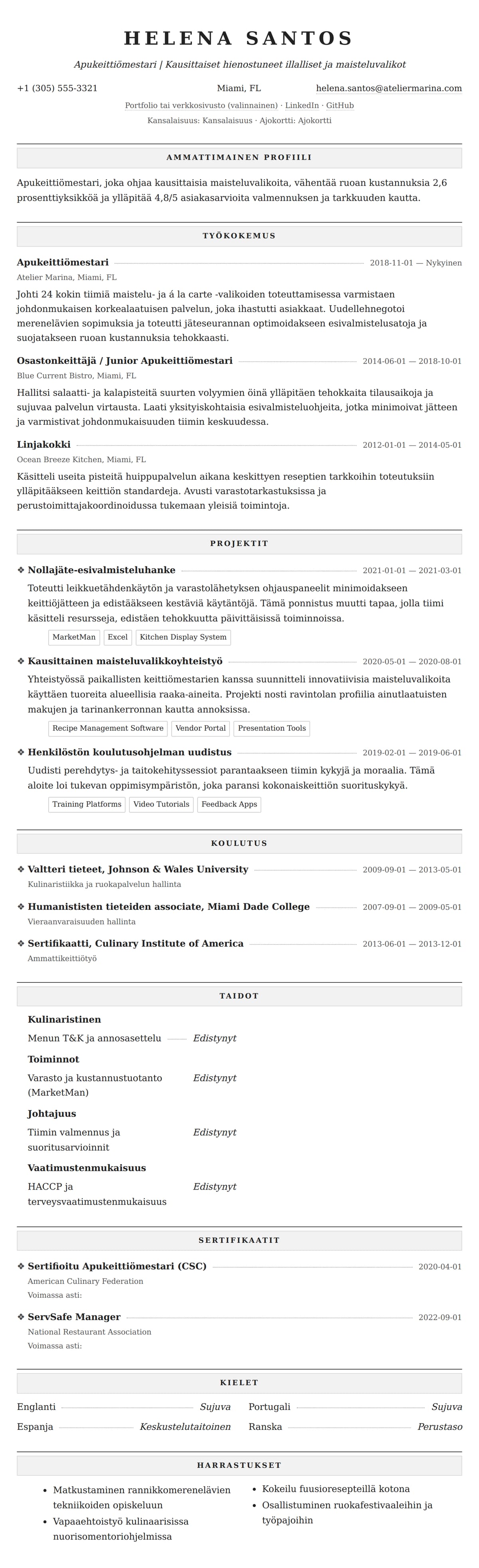 Ansioluetteloesikatselu kohteelle Apukeittiömestarin ansioluetteloesimerkki