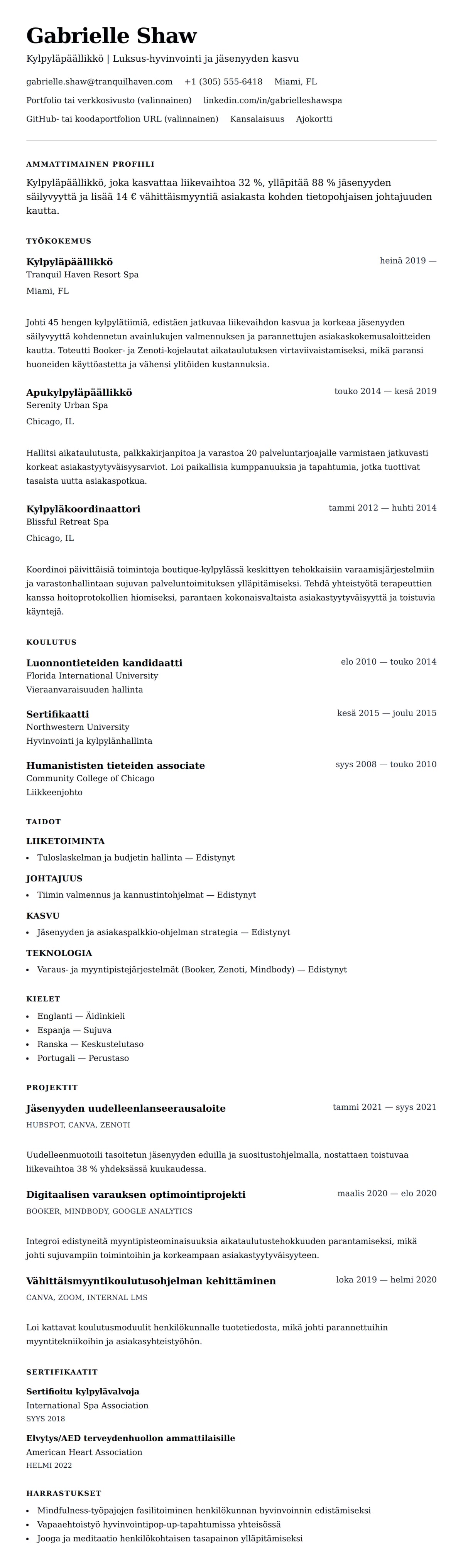 Ansioluetteloesikatselu kohteelle Kylpyläpäällikön ansioluetteloesimerkki