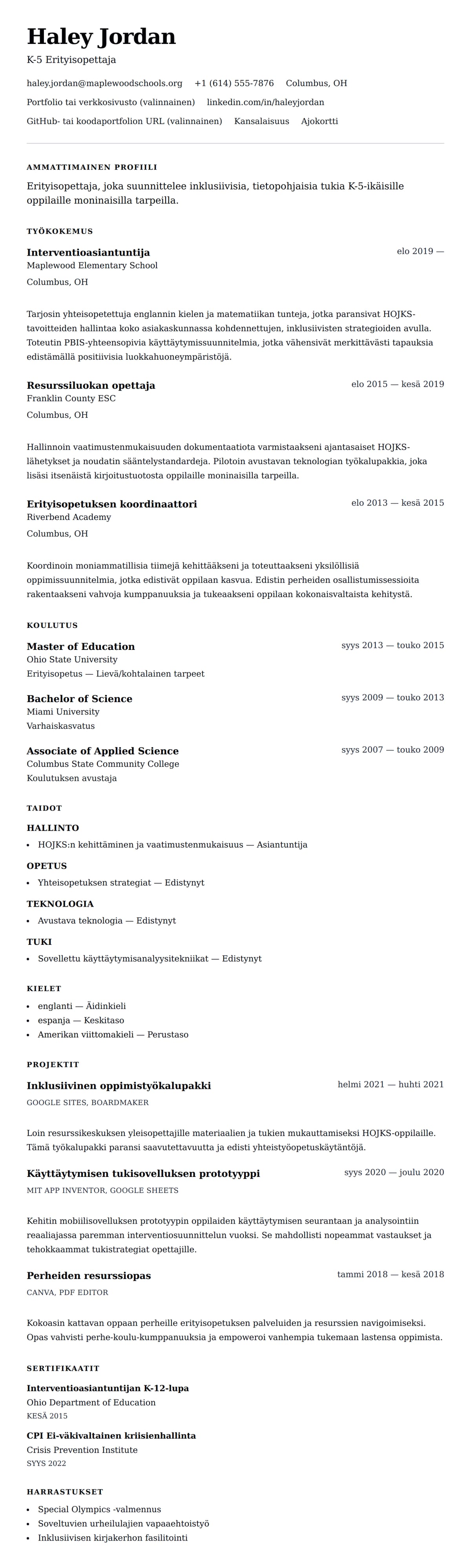 Ansioluetteloesikatselu kohteelle Erityisopettajan ansioluetteloesimerkki