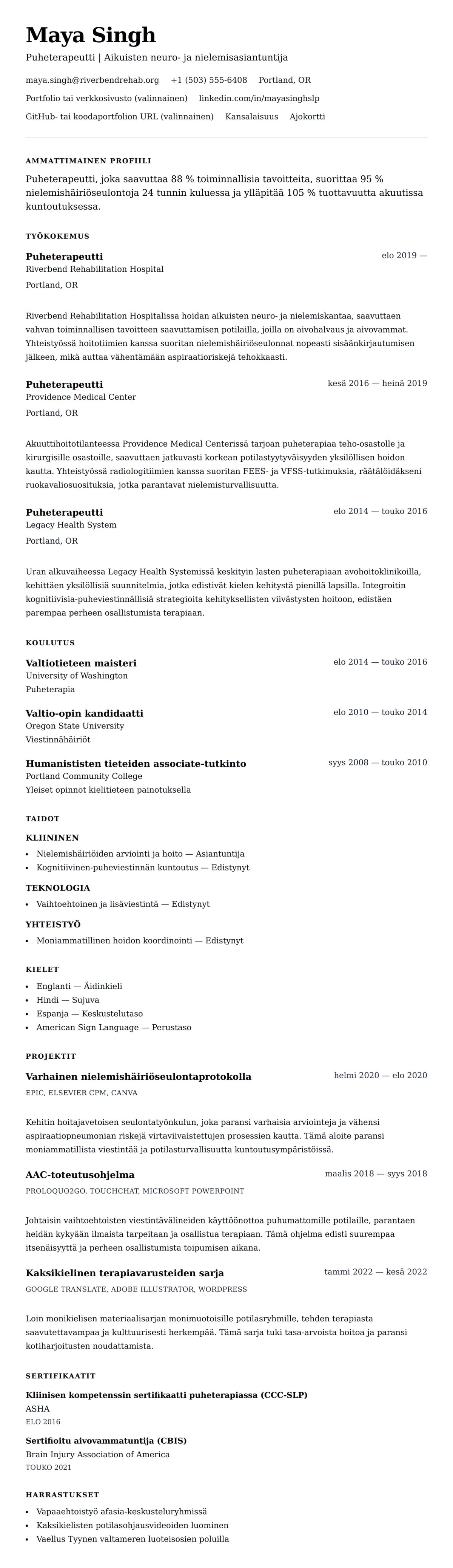 Ansioluetteloesikatselu kohteelle Puheterapeutin (SLP) ansioluettelon esimerkki