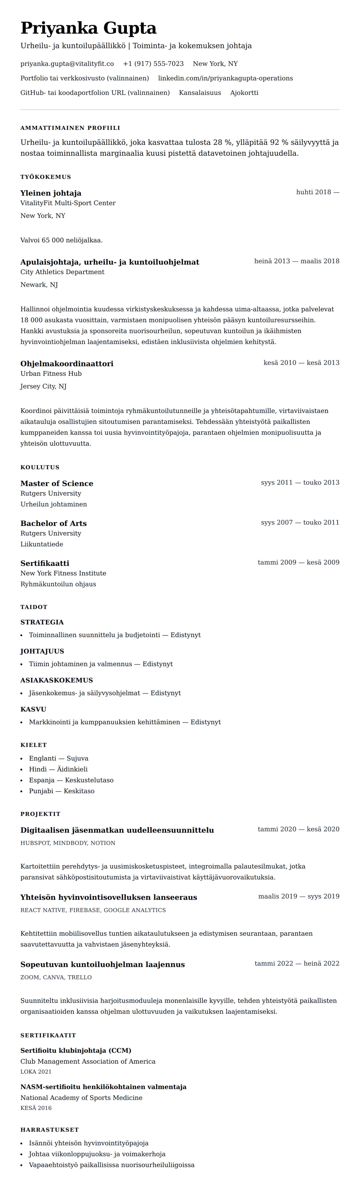 Ansioluetteloesikatselu kohteelle Urheilu- ja kuntoilupäällikön ansioluetteloesimerkki