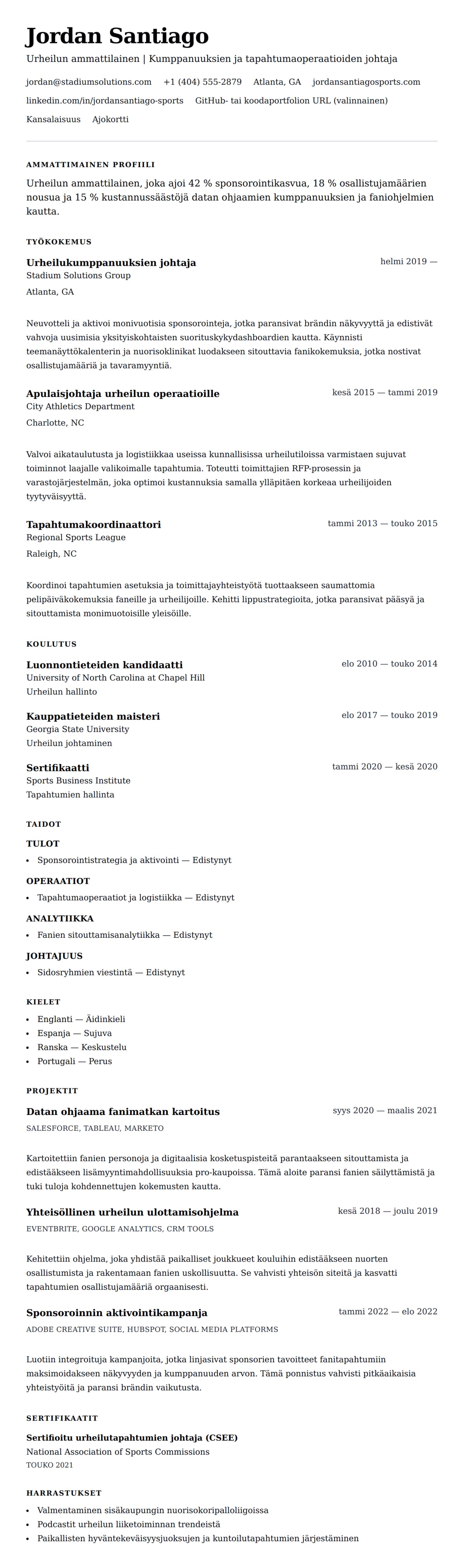 Ansioluetteloesikatselu kohteelle Urheilun ammattilaisen ansioluetteloesimerkki