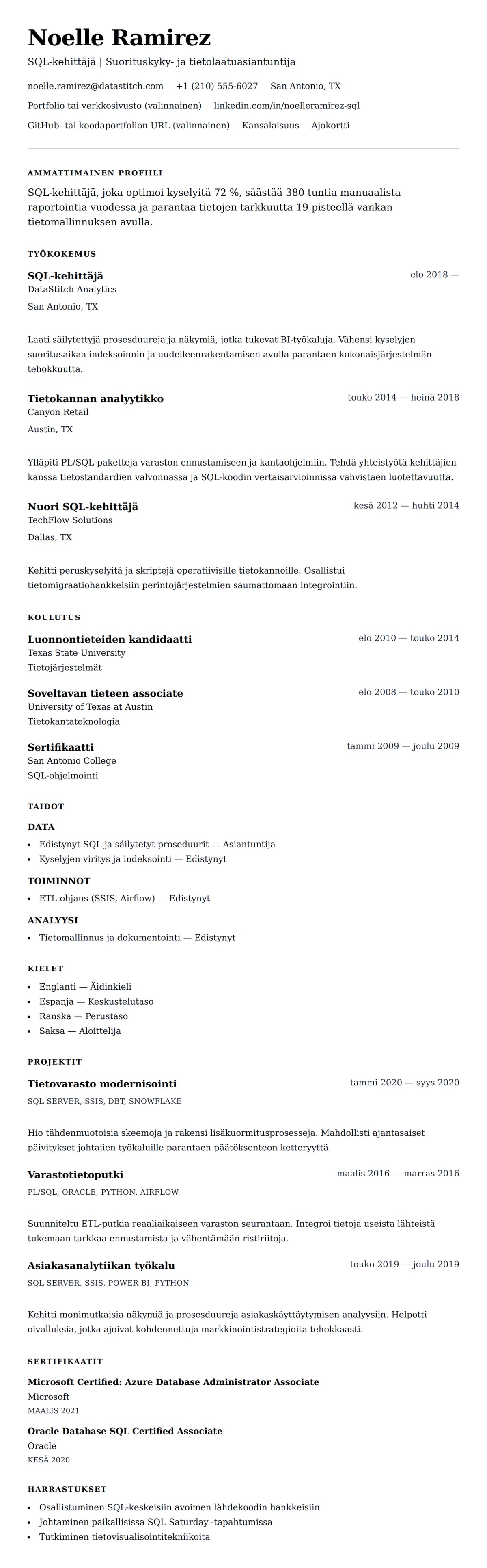 Ansioluetteloesikatselu kohteelle SQL-kehittäjän ansioluetteloesimerkki