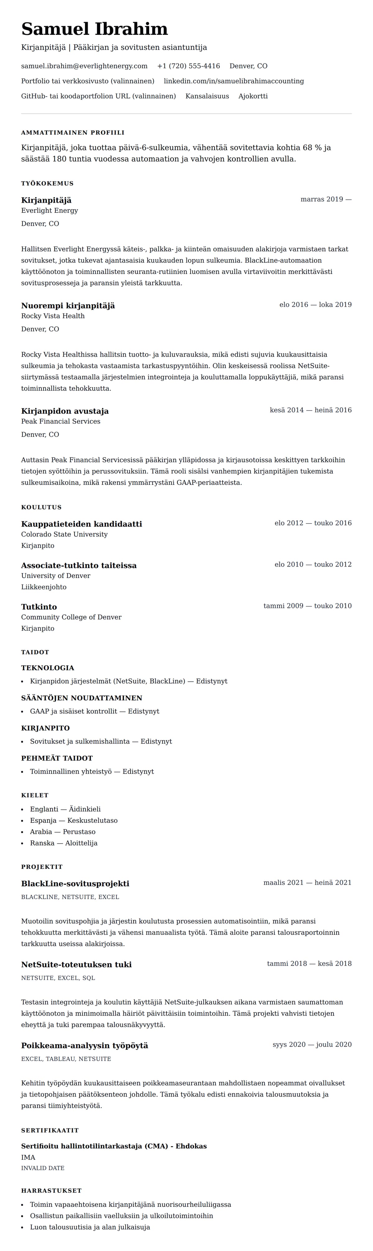 Ansioluetteloesikatselu kohteelle Kirjanpitäjän ansioluetteloesimerkki
