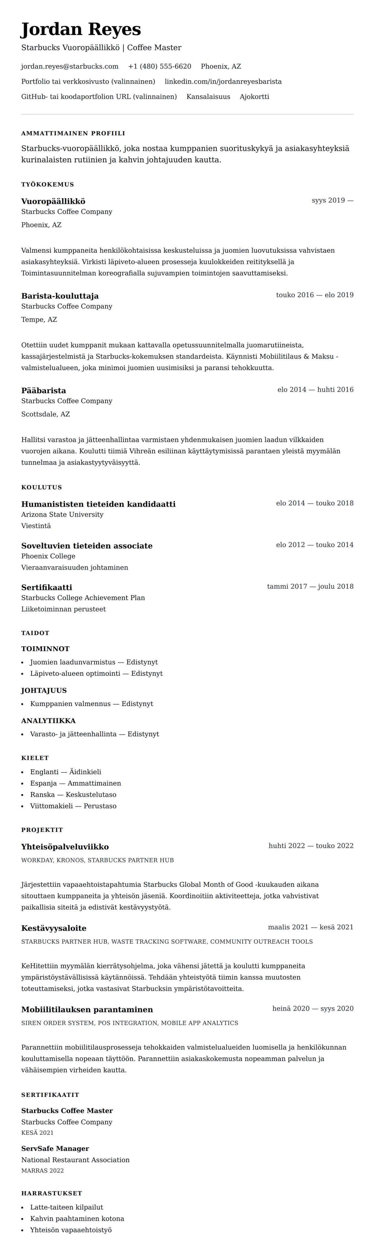 Ansioluetteloesikatselu kohteelle Starbucks Vuoropäällikkö CV-esimerkki