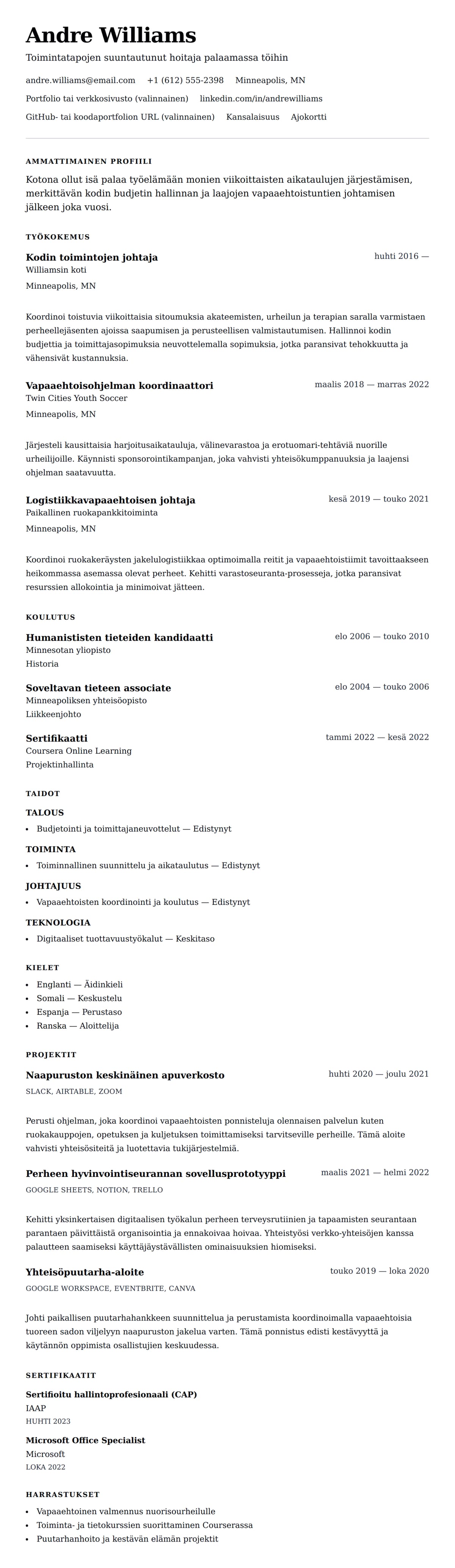 Ansioluetteloesikatselu kohteelle Kotona olevan isän ansioluetteloesimerkki