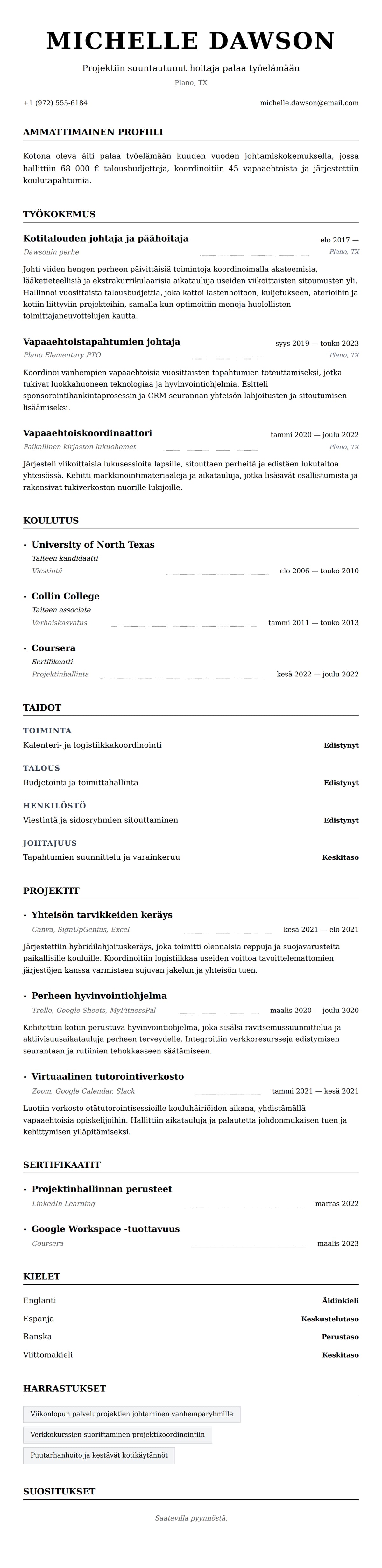 Ansioluetteloesikatselu kohteelle Kotona olevan äidin ansioluetteloesimerkki