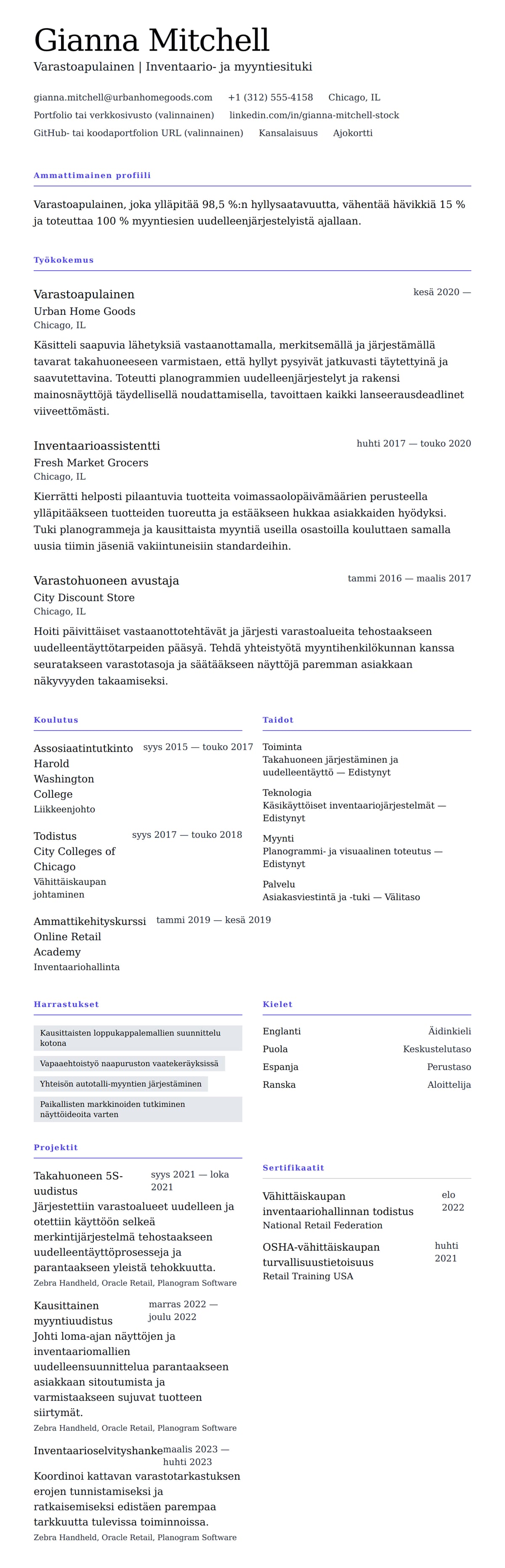 Ansioluetteloesikatselu kohteelle Varastoapulaisen CV-esimerkki