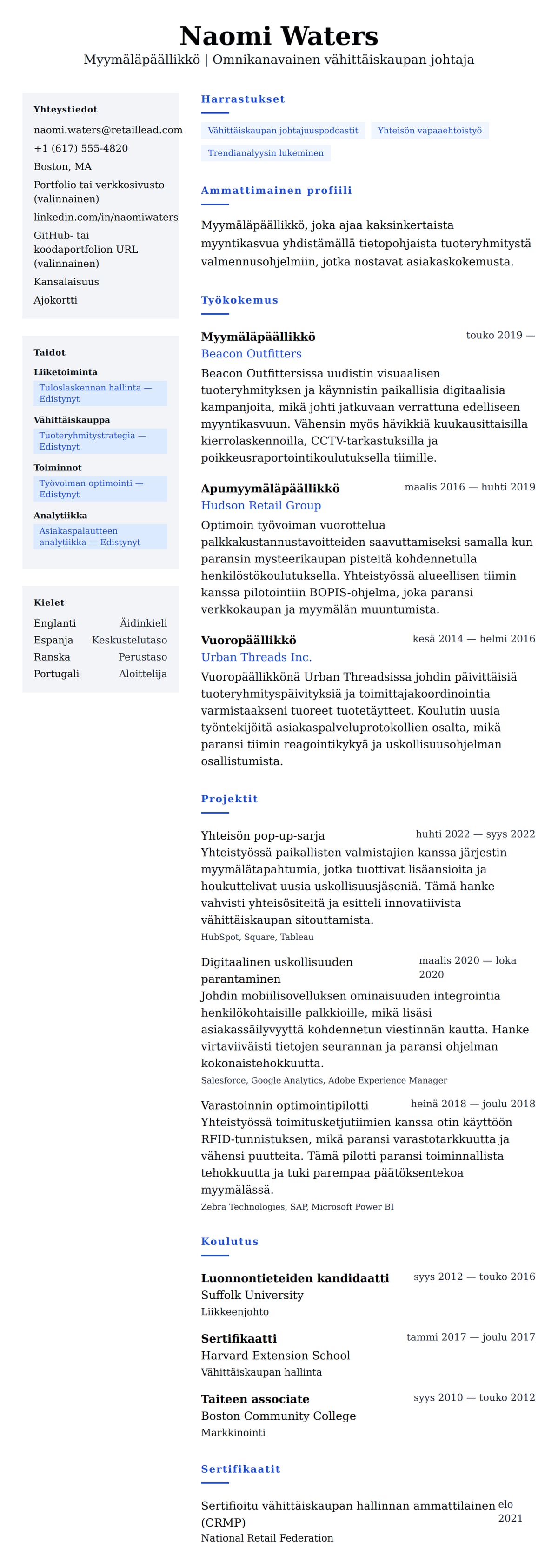Ansioluetteloesikatselu kohteelle Myymäläpäällikön CV-esimerkki
