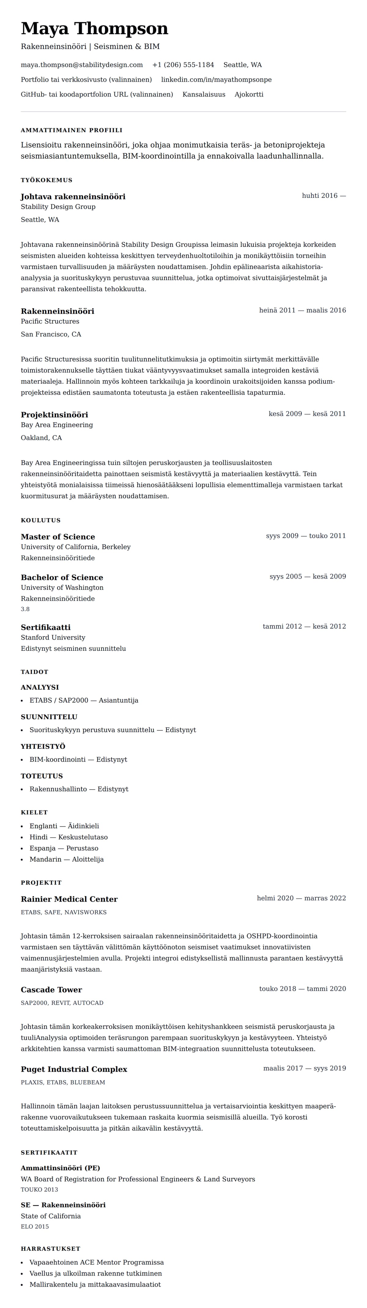 Ansioluetteloesikatselu kohteelle Rakenneinsinöörin ansioluetteloesimerkki