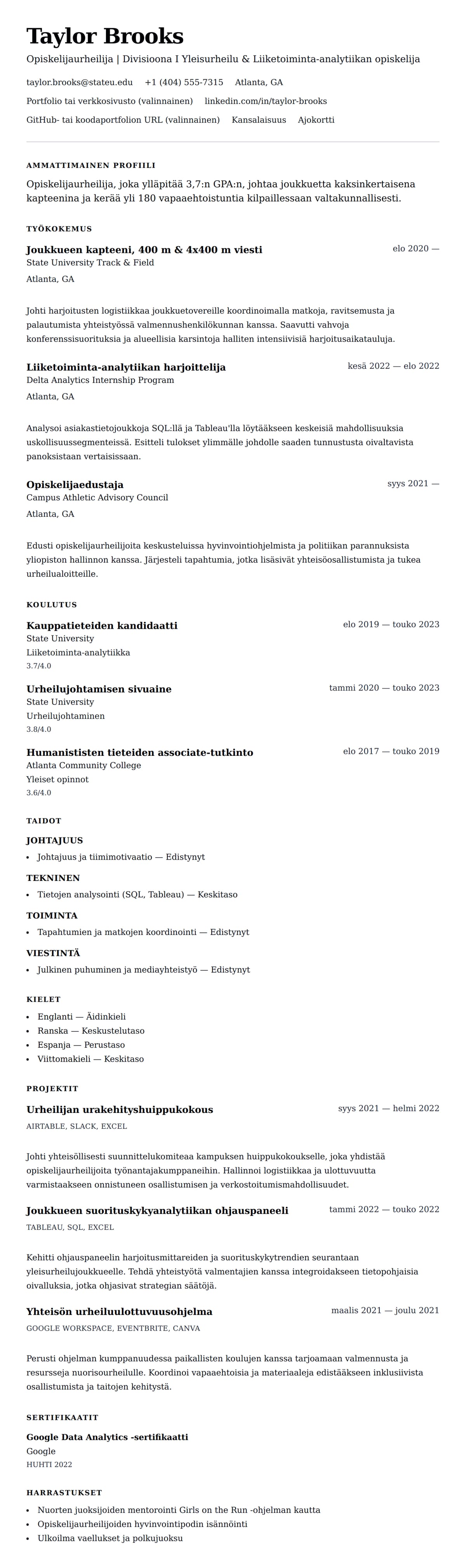 Ansioluetteloesikatselu kohteelle Opiskelijaurheilijan ansioluetteloesimerkki