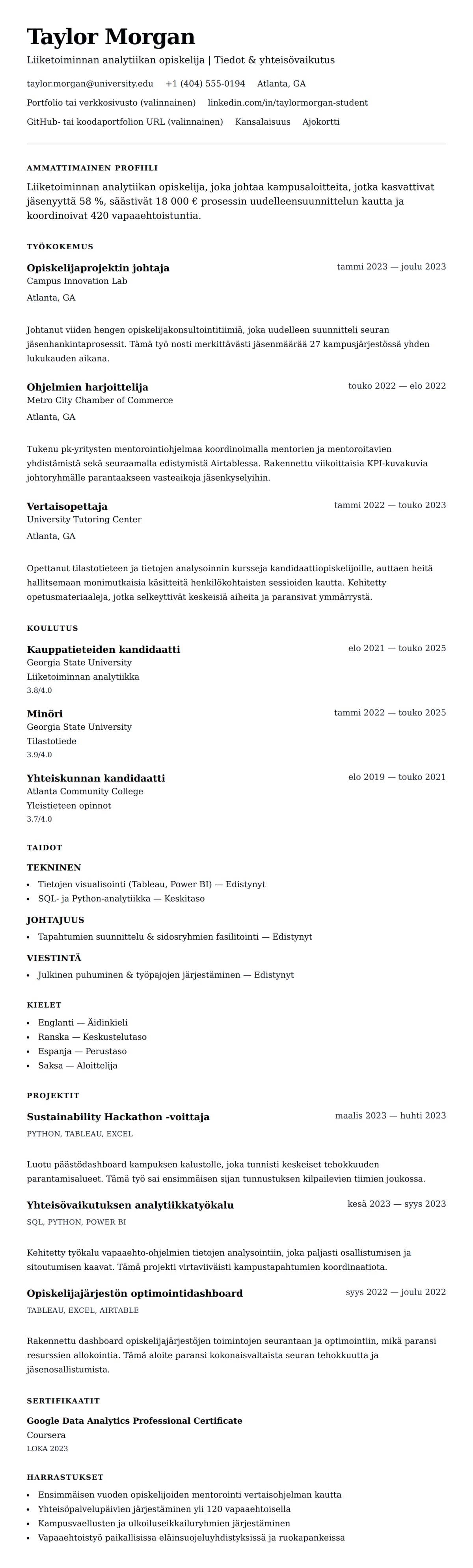 Ansioluetteloesikatselu kohteelle Opiskelijan ansioluettelon esimerkki