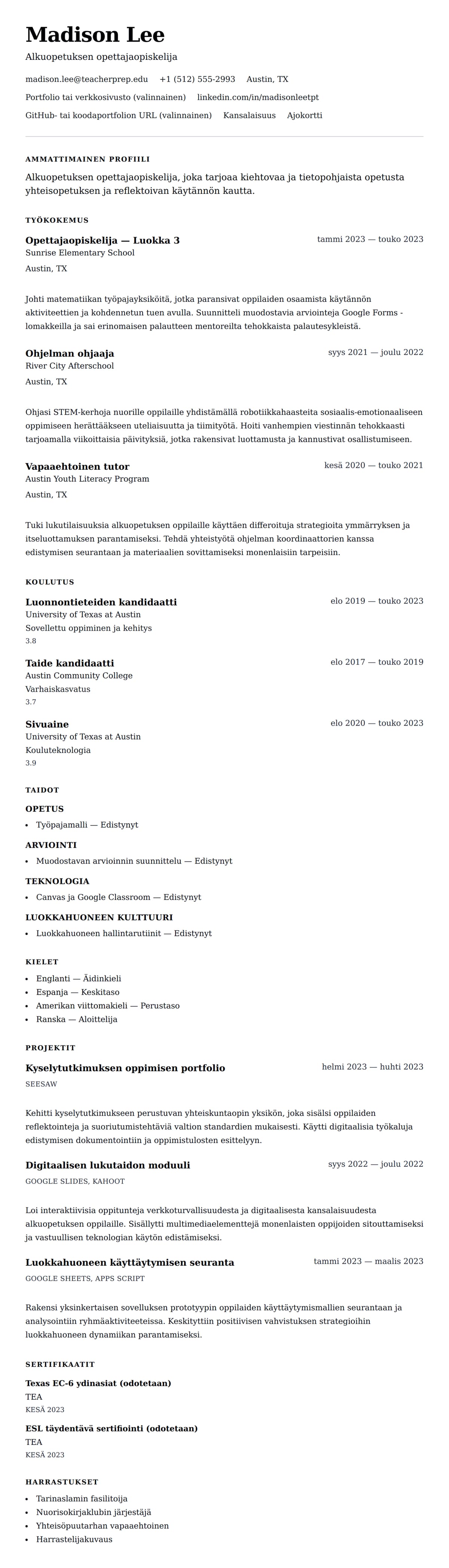 Ansioluetteloesikatselu kohteelle Opettajaopiskelijan ansioluetteloesimerkki