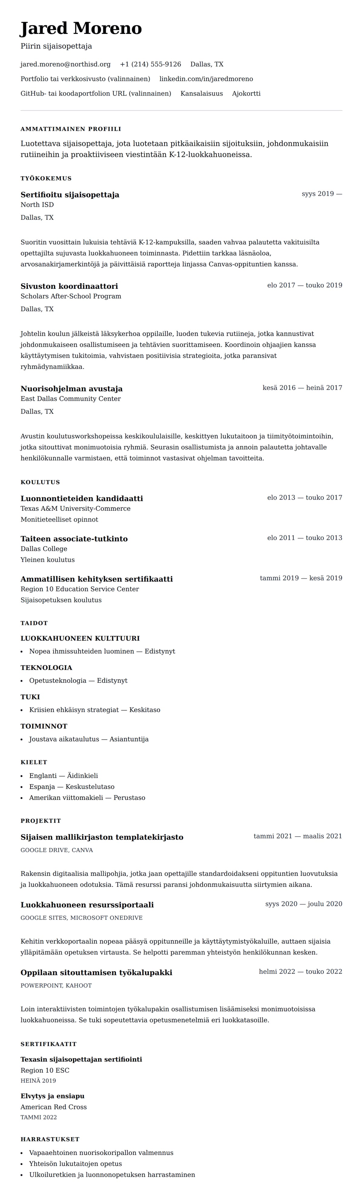 Ansioluetteloesikatselu kohteelle Sijaisopettajan ansioluetteloesimerkki