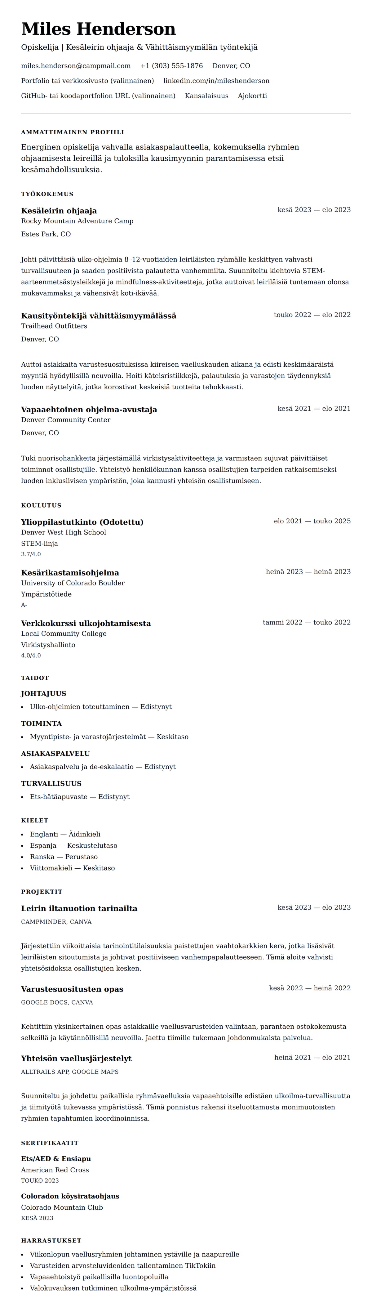 Ansioluetteloesikatselu kohteelle Kesätyön ansioluettelo - Esimerkki