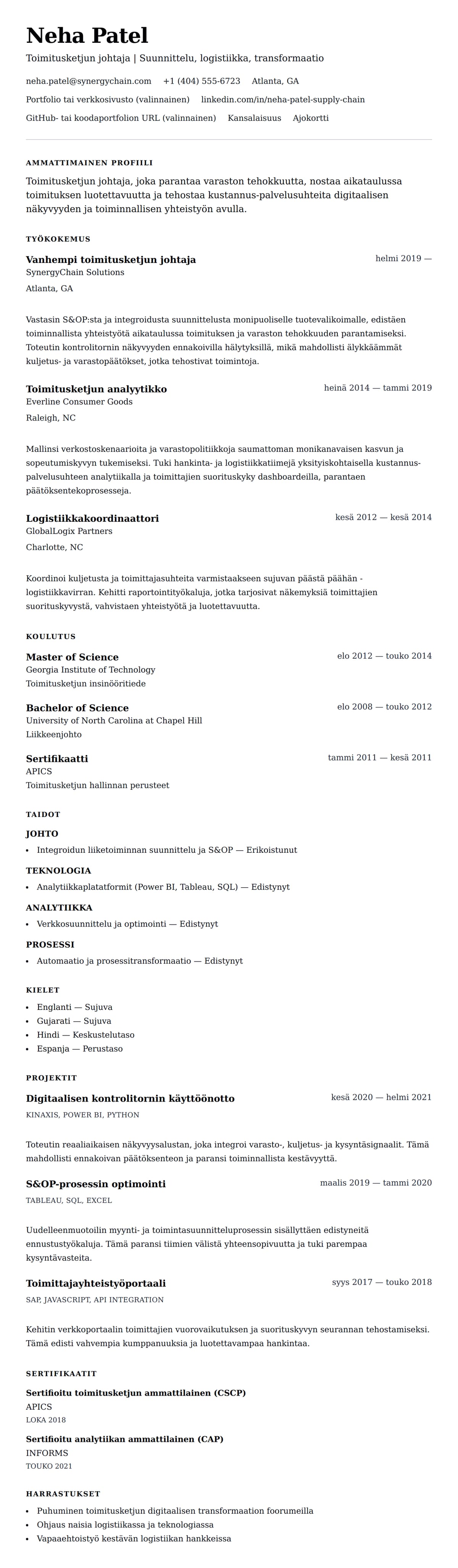 Ansioluetteloesikatselu kohteelle Toimitusketjun ammattilaisen ansioluetteloesimerkki